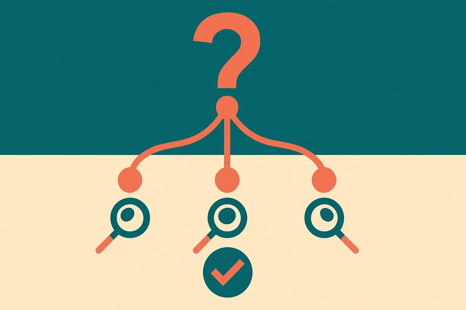 one broad question splitting into several smaller evidence paths that later converge into a single answer