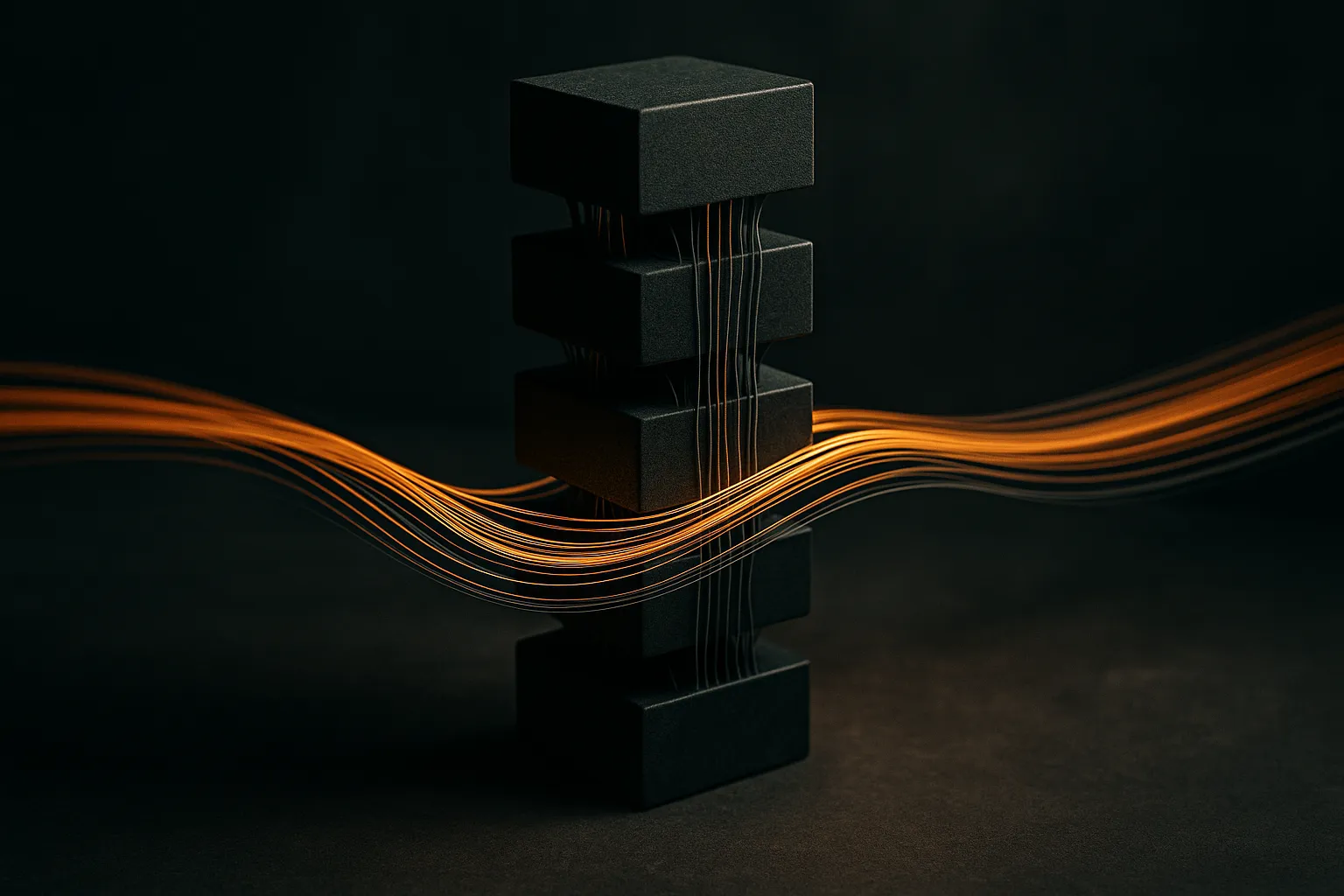 a tall stack of blocks with a bright bypass stream carrying many thin strands around each block while darker inner paths