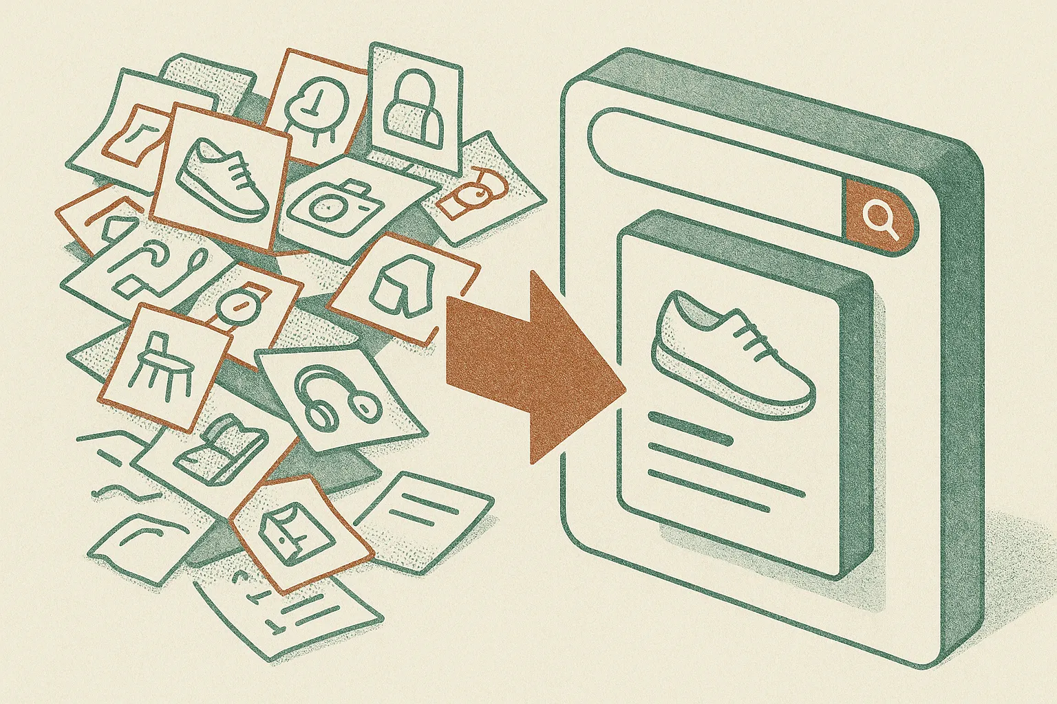 messy product catalog transforming into a clean structured product card inside an AI search interface