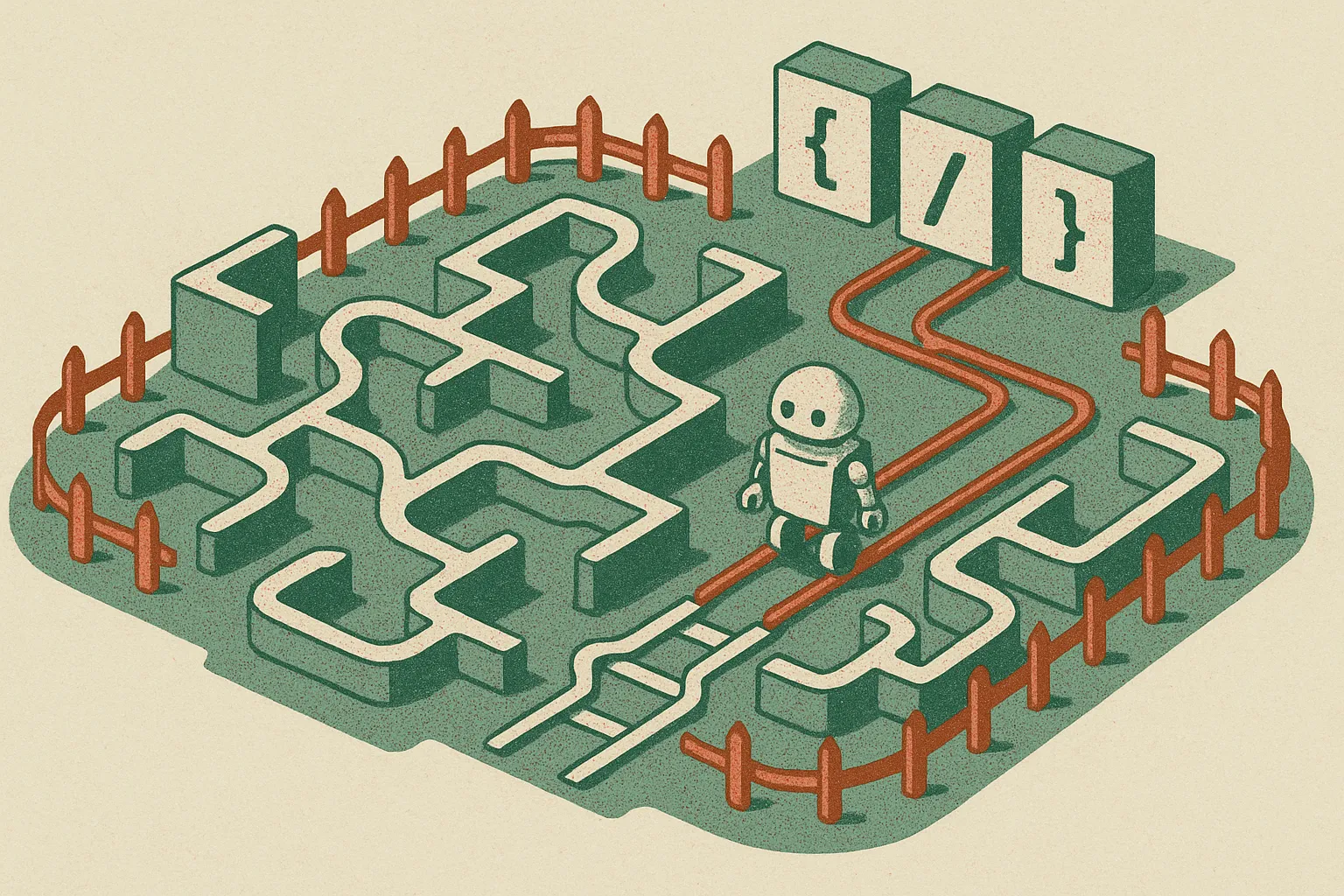 a small robot moving through a fenced garden of branching paths toward code-shaped blocks, with some paths ending at wal