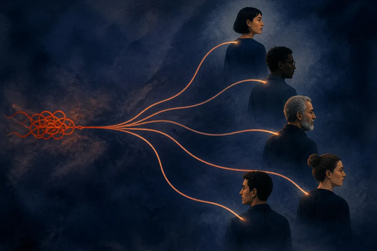 a single tangled thread splitting into several clean labeled strands, each belonging to a different figure in a group