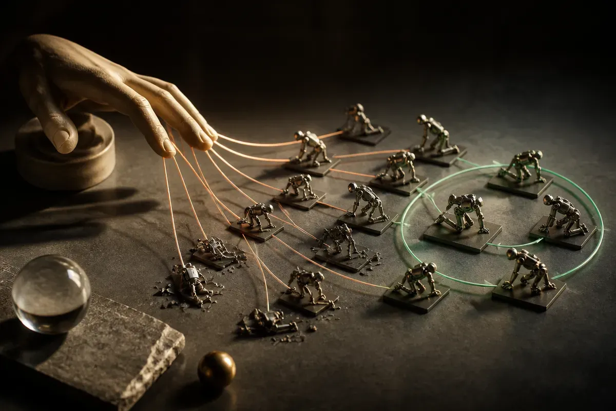 human hand poses flowing into many simulated robot starting positions, with unstable positions falling away and stable o