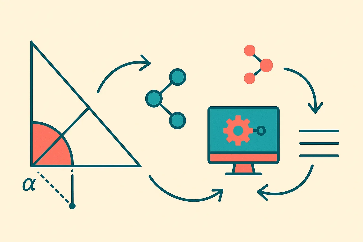 hand-drawn geometry diagram flowing into connected symbolic objects, then into a neat chain of proof steps