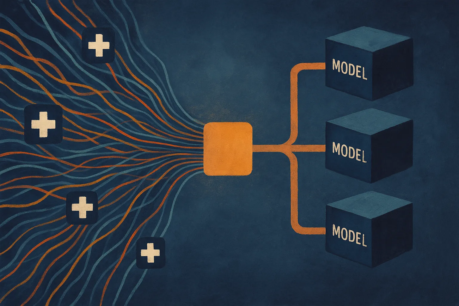 messy hospital data streams flowing into a clean central packet, then branching toward several interchangeable model box
