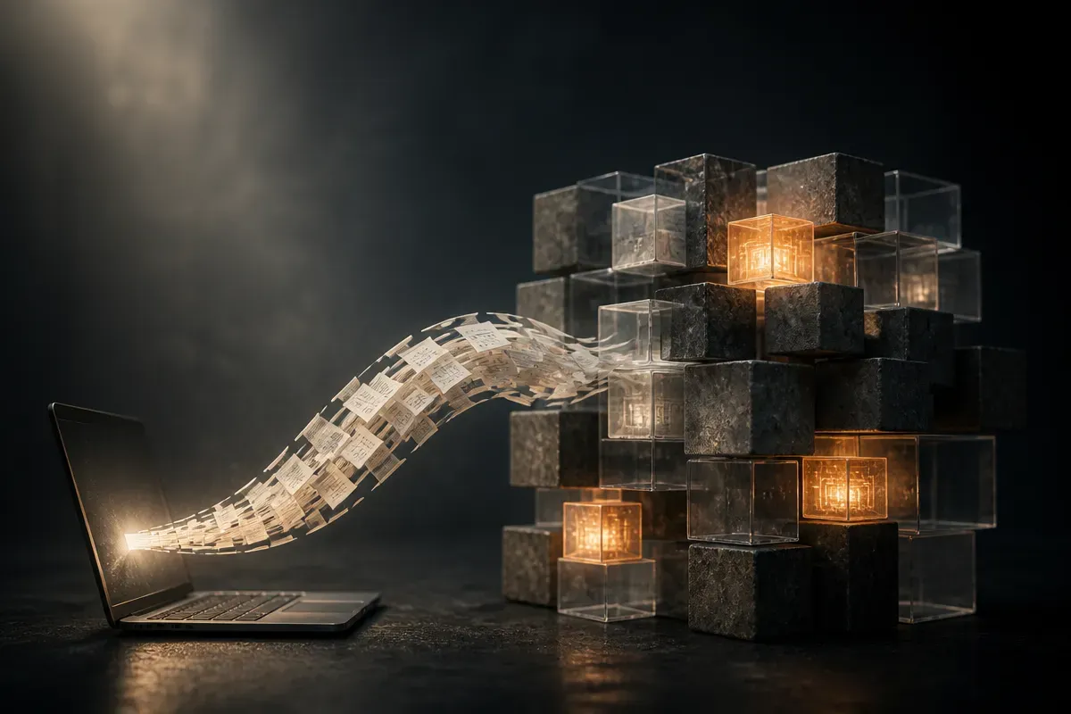 small laptop sending a flowing ribbon of documents into a cluster of modular blocks, with only a few blocks glowing at o