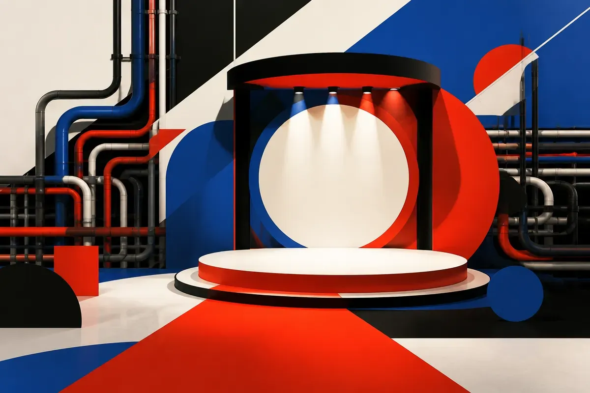 a polished public stage in front, a tangle of wires and pipes feeding it from behind