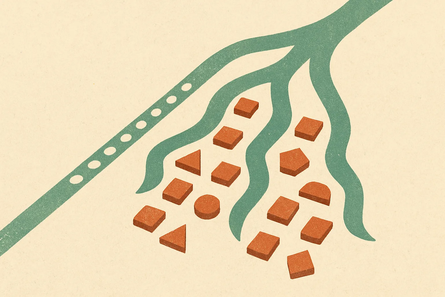 a narrow stream of similar shapes flowing beside a wider branching river with many distinct shapes spreading into differ