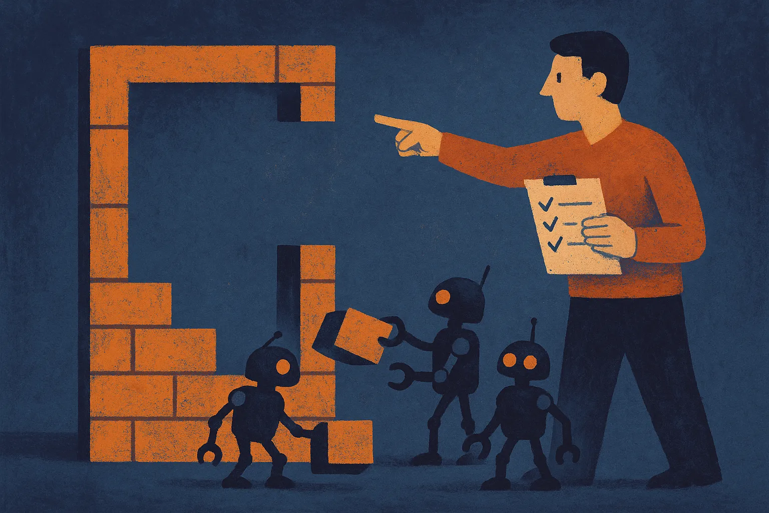 a human directing several small mechanical helpers toward one partially built structure while holding a checklist