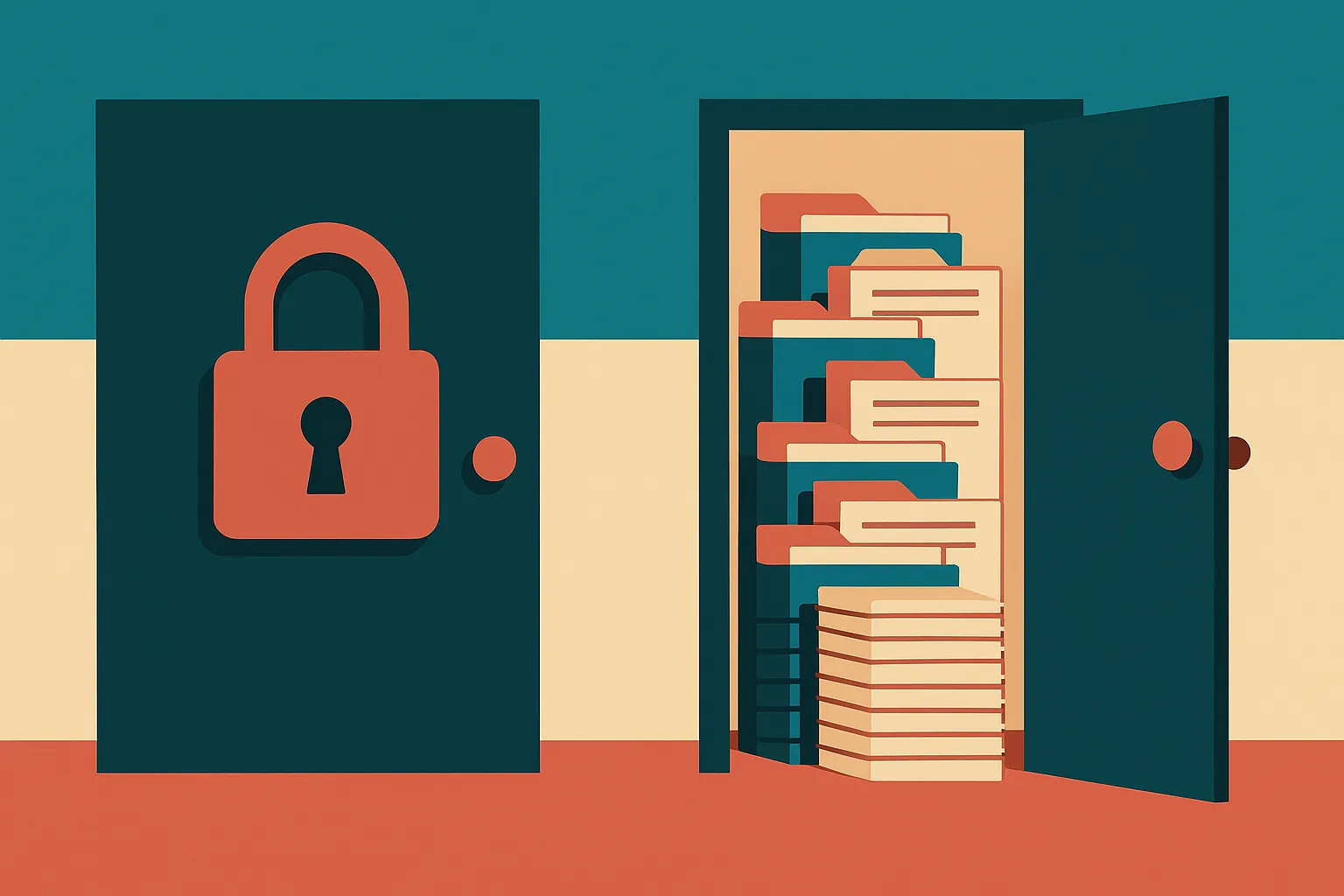 a locked door protecting a room, versus an open door showing the same room full of stacked private documents