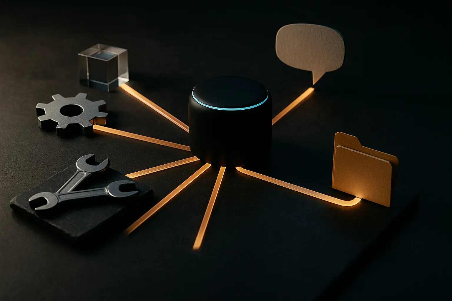 one voice assistant hub splitting requests into several distinct model and tool paths, then recombining into one respons