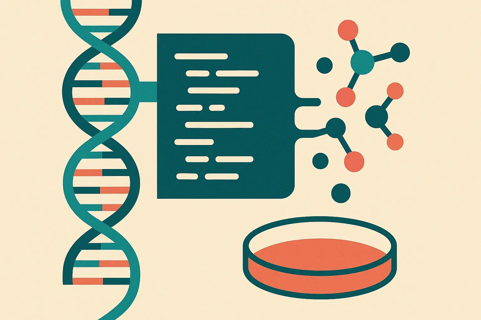 genome strands passing through a code-shaped filter into a small set of molecule forms, with a lab dish waiting downstre