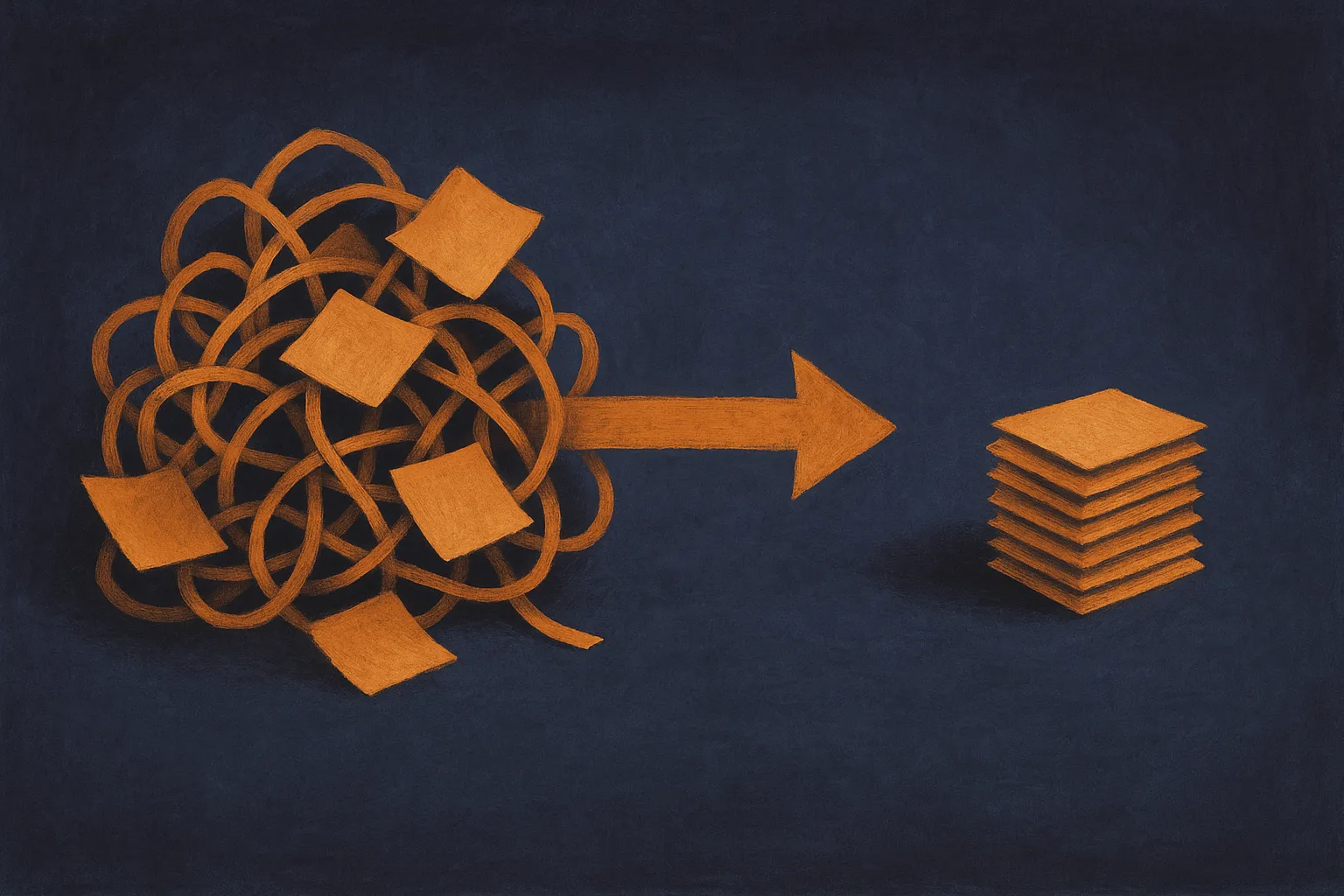 a growing tangled pile of notes on one side, a smaller pruned neat stack on the other, arrow between them