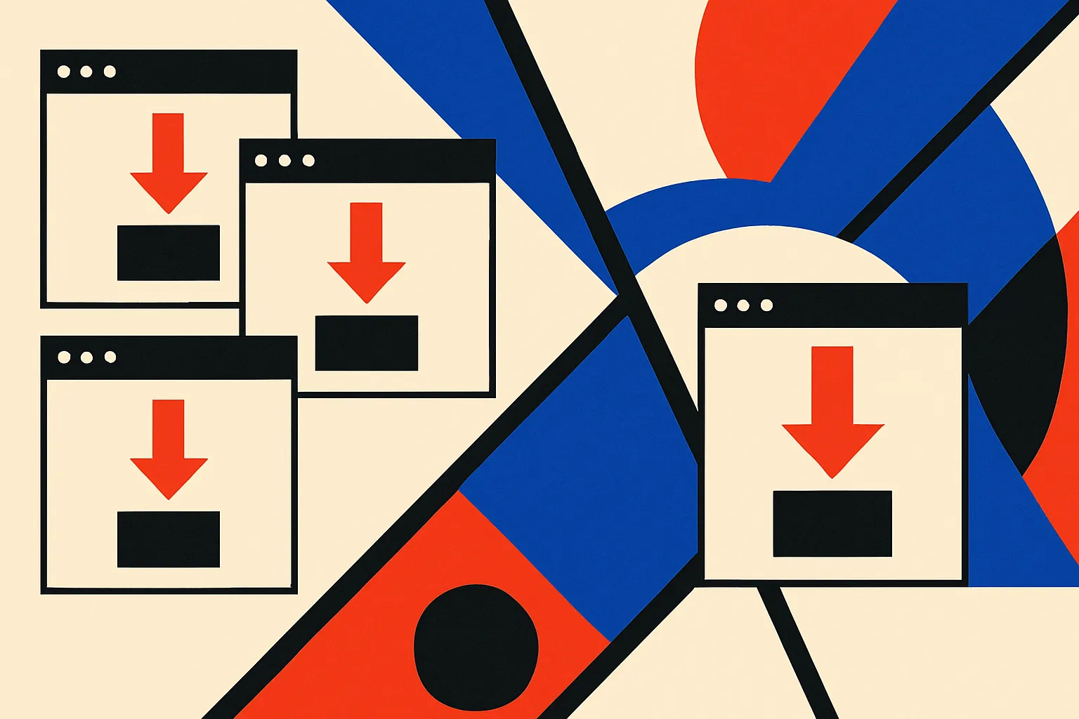 multiple separate browser windows each downloading identical heavy blocks, contrasted with the same windows drawing from