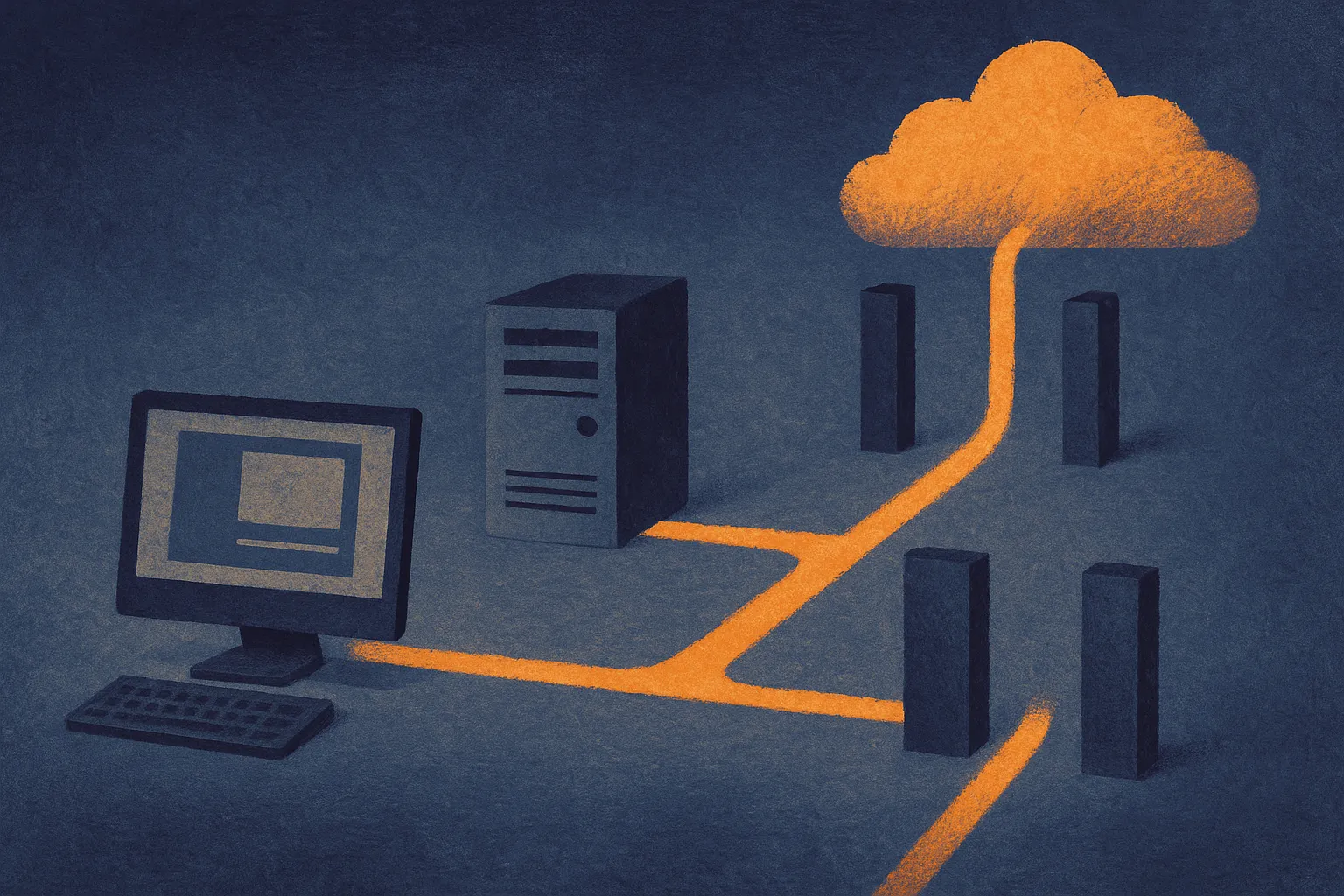 personal computer, private server, and distant cloud all connected to the same workspace, with the cloud path passing th