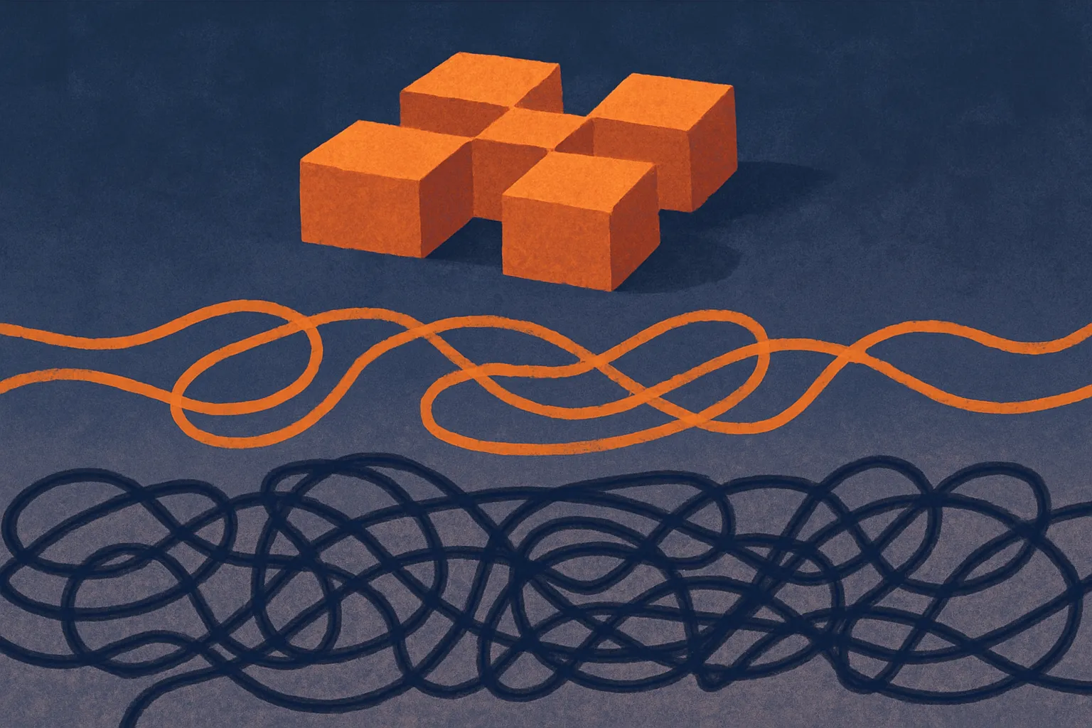 three separate stacked layers, a chaotic tangle at the bottom feeding into an ordered middle layer feeding into a clean