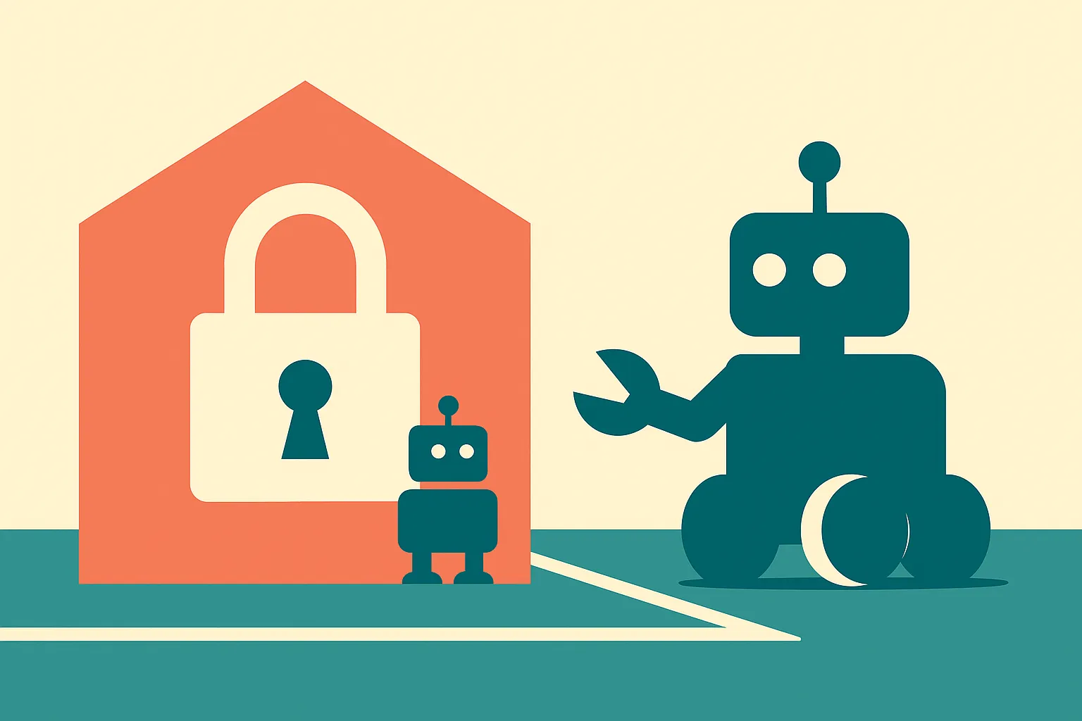 a locked building holding a small machine inside, with a larger machine outside a boundary it cannot cross