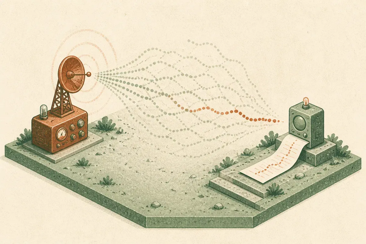 an old radio signal splitting into many faint possible paths, with one path gradually becoming clearer as it reaches a d