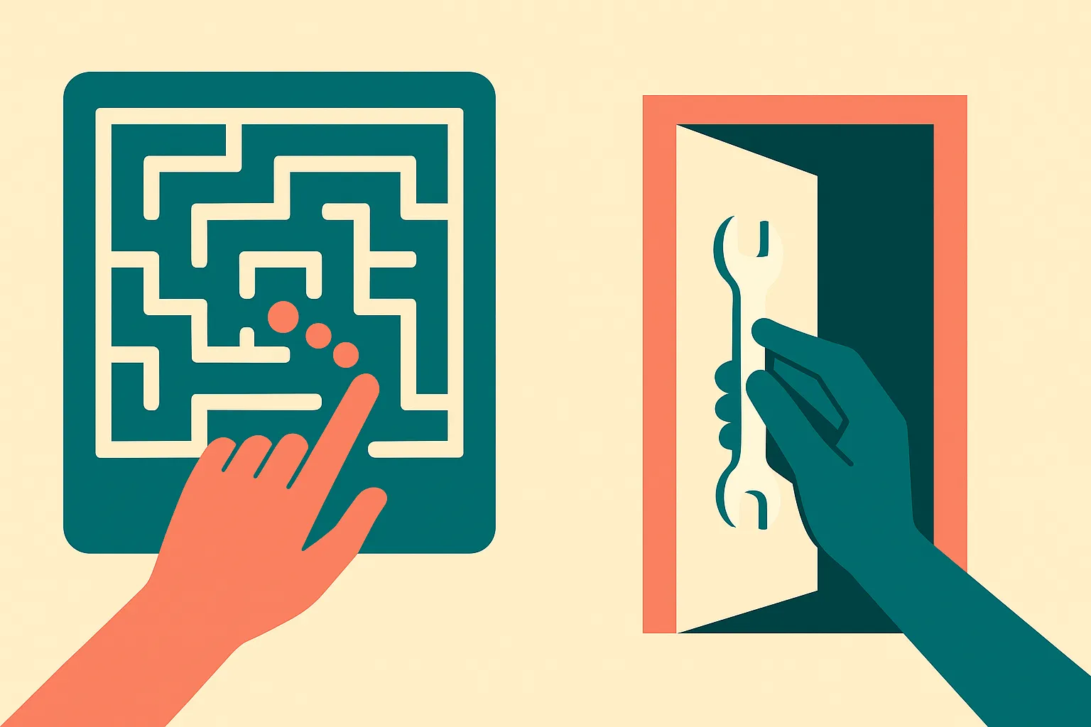 a hand tapping repeatedly across a maze-like screen versus a hand reaching directly through a clean doorway to a labeled