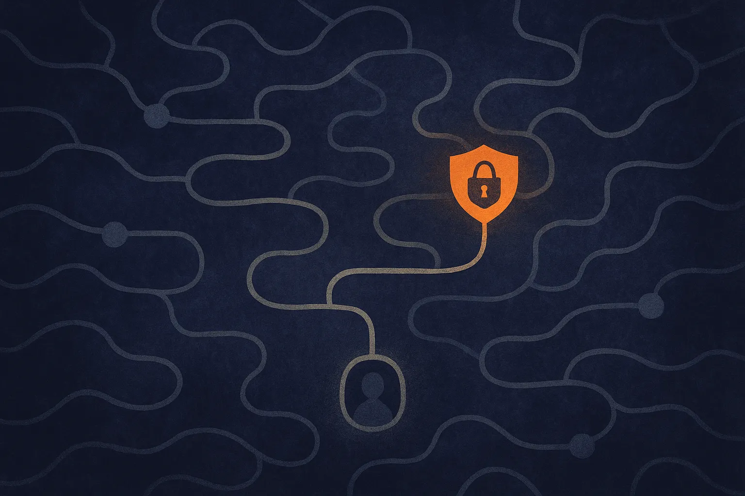 security patch branching backward through a tangled commit history, with one hidden origin highlighted and several faint
