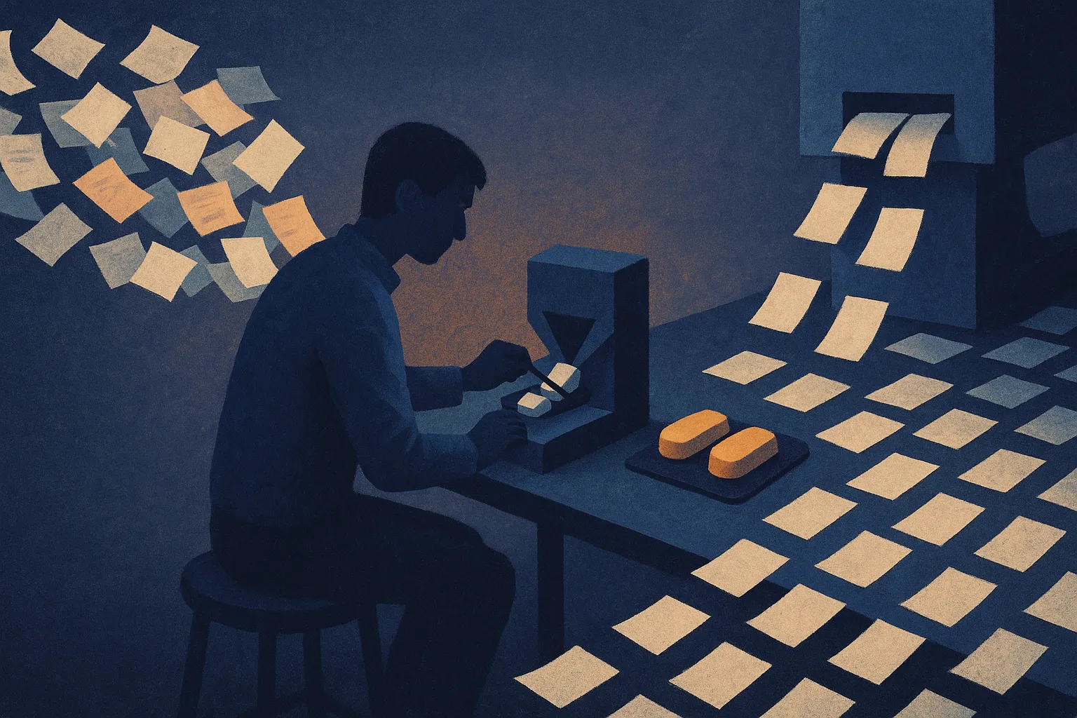 a person at a workbench using a small machine to clear piles of scattered notes into a few polished objects, while a sep