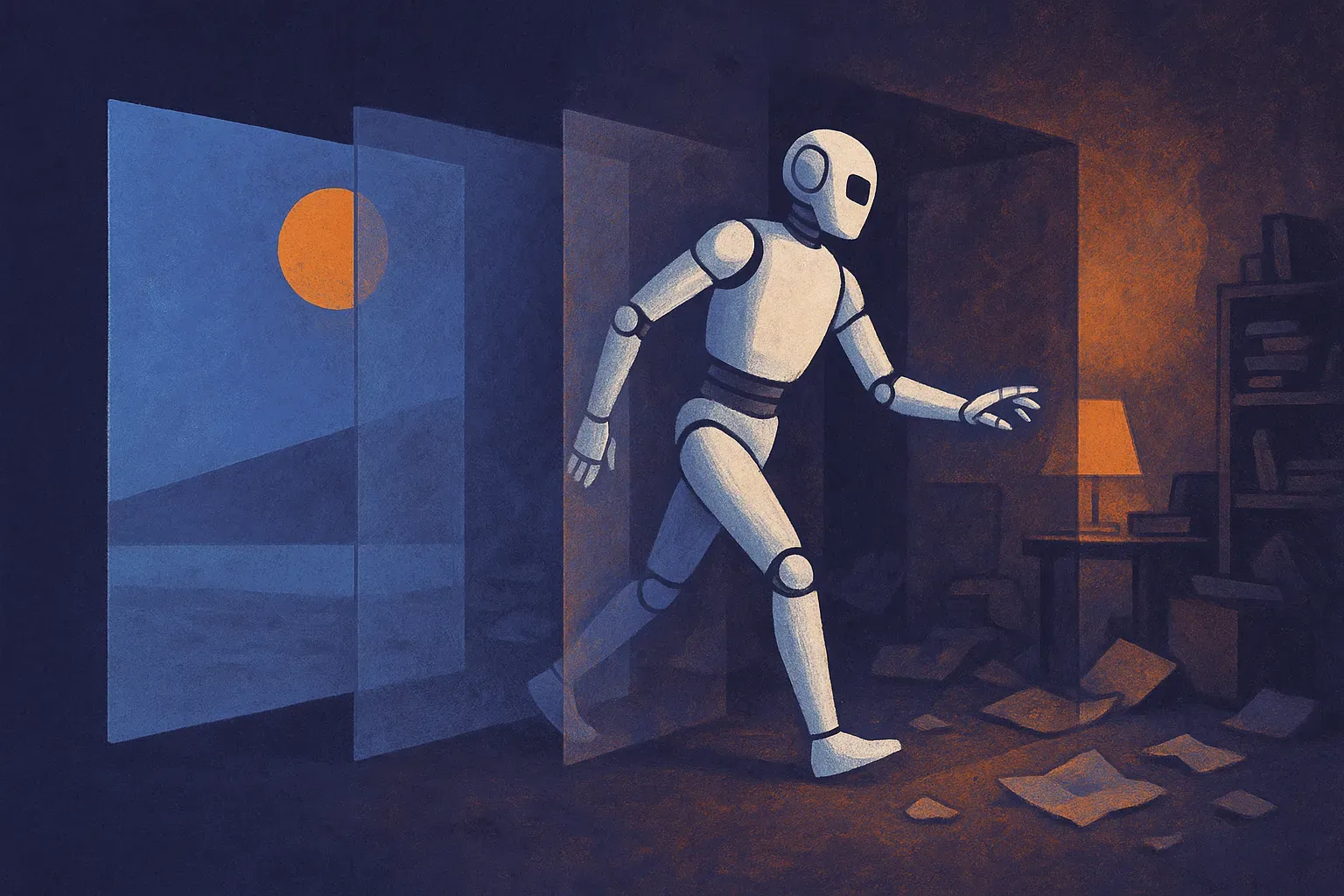 a robot moving from a clean virtual scene into a messy physical room through several translucent simulated environments,