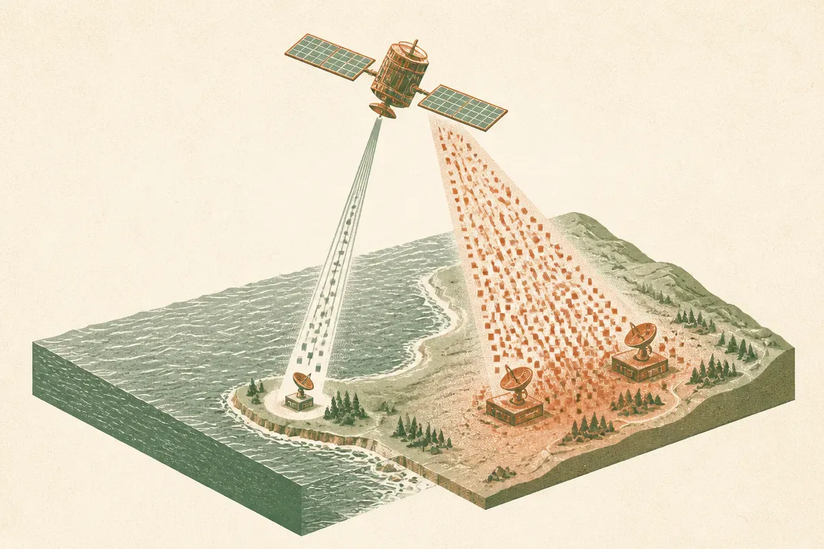 a satellite over the ocean sending a thin selective stream down to earth, contrasted with a thick wasteful stream, conve