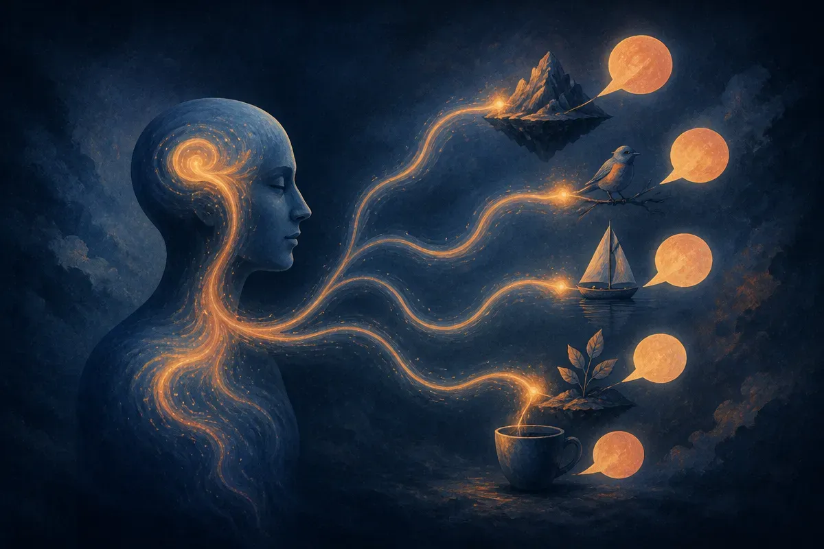 a continuous flowing internal current branching out into discrete spoken bubbles only at the moments it reaches out to t