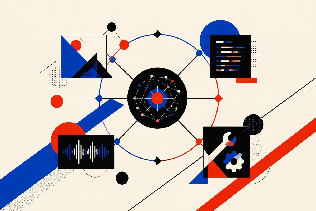 an AI core connected to separate visual, code, audio, and tool environments that feed back into one iterative loop