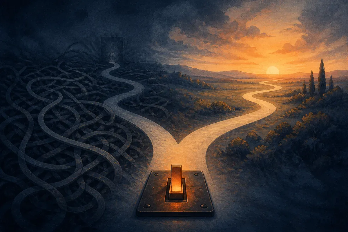 a single switch at the start of a long branching path, one setting leading to a tangled dead end and the other to a clea