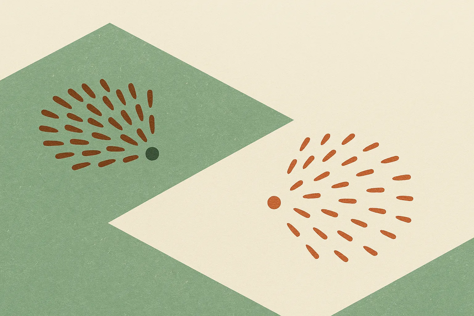 a cluster of marks tightly grouped away from a center point beside a wider scattered cluster around another center point