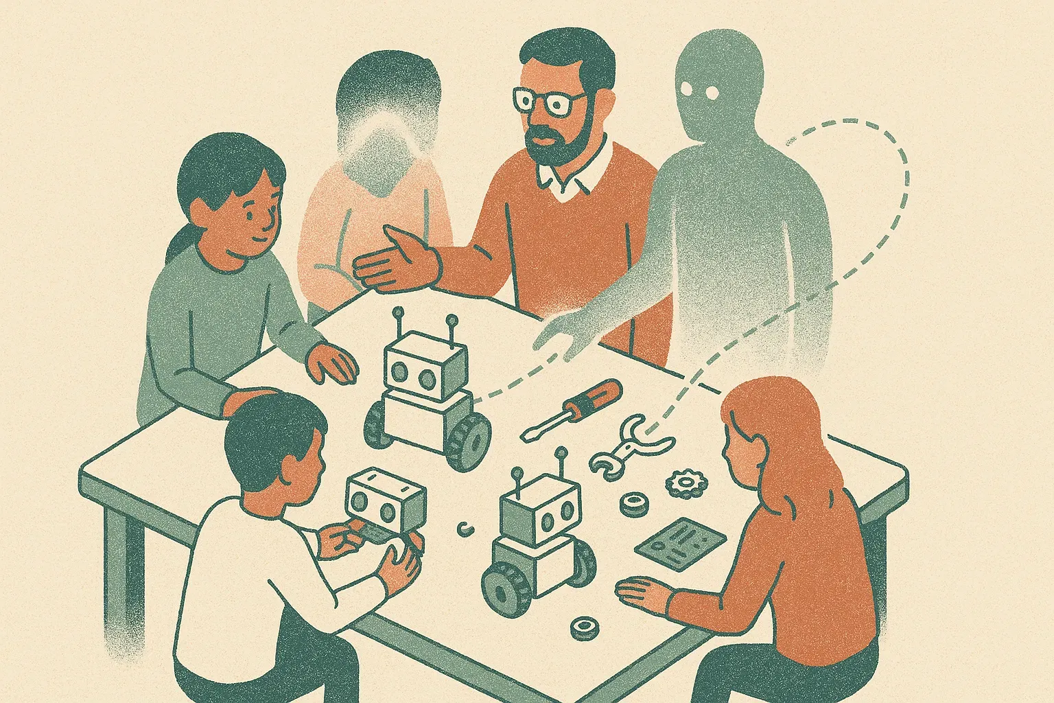 a teacher at a lab table with students around small robots, with a glowing assistant-like presence beside the teacher co