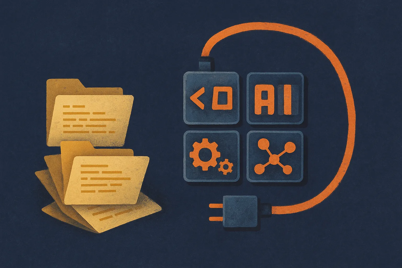 a messy pile of code folders compressed into small reusable tool tiles that plug into an agent loop