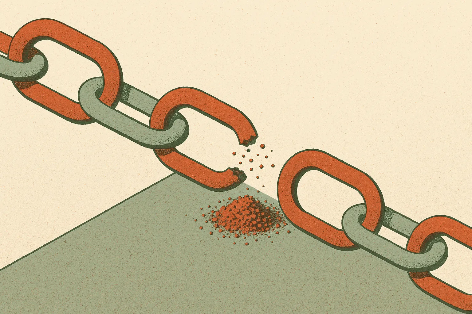 a chain of connected links where one link in the middle has crumbled to dust, and the chain still appears whole from a d