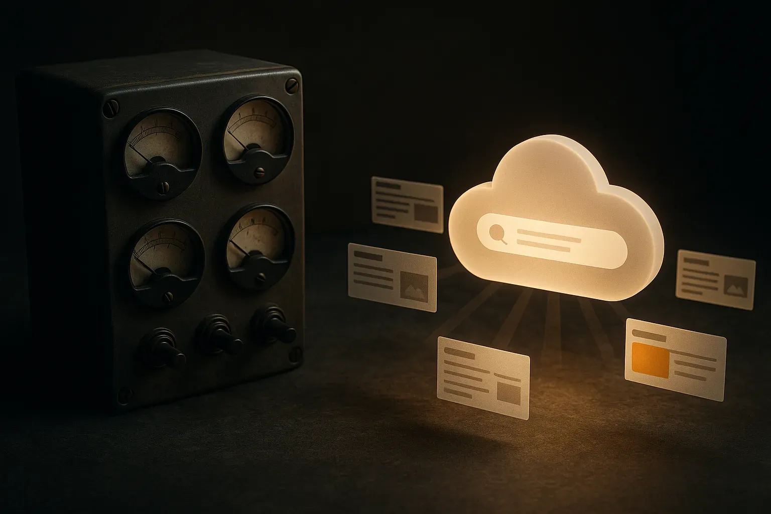 an old dashboard panel beside a search answer cloud, with several website pages feeding into the cloud and only one page
