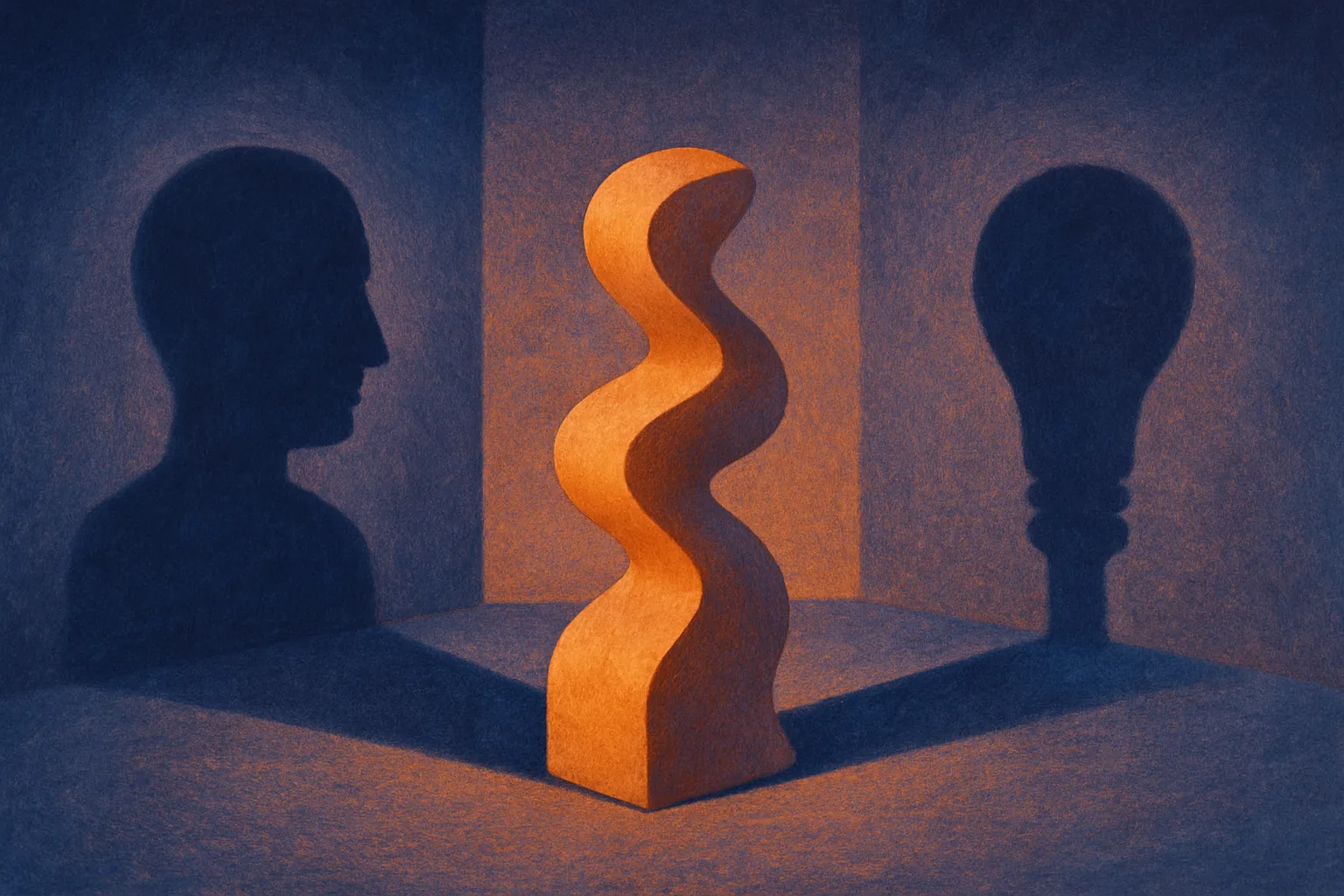 a single sculptural form casting three different shadows on three walls, each shadow a distinct recognizable shape