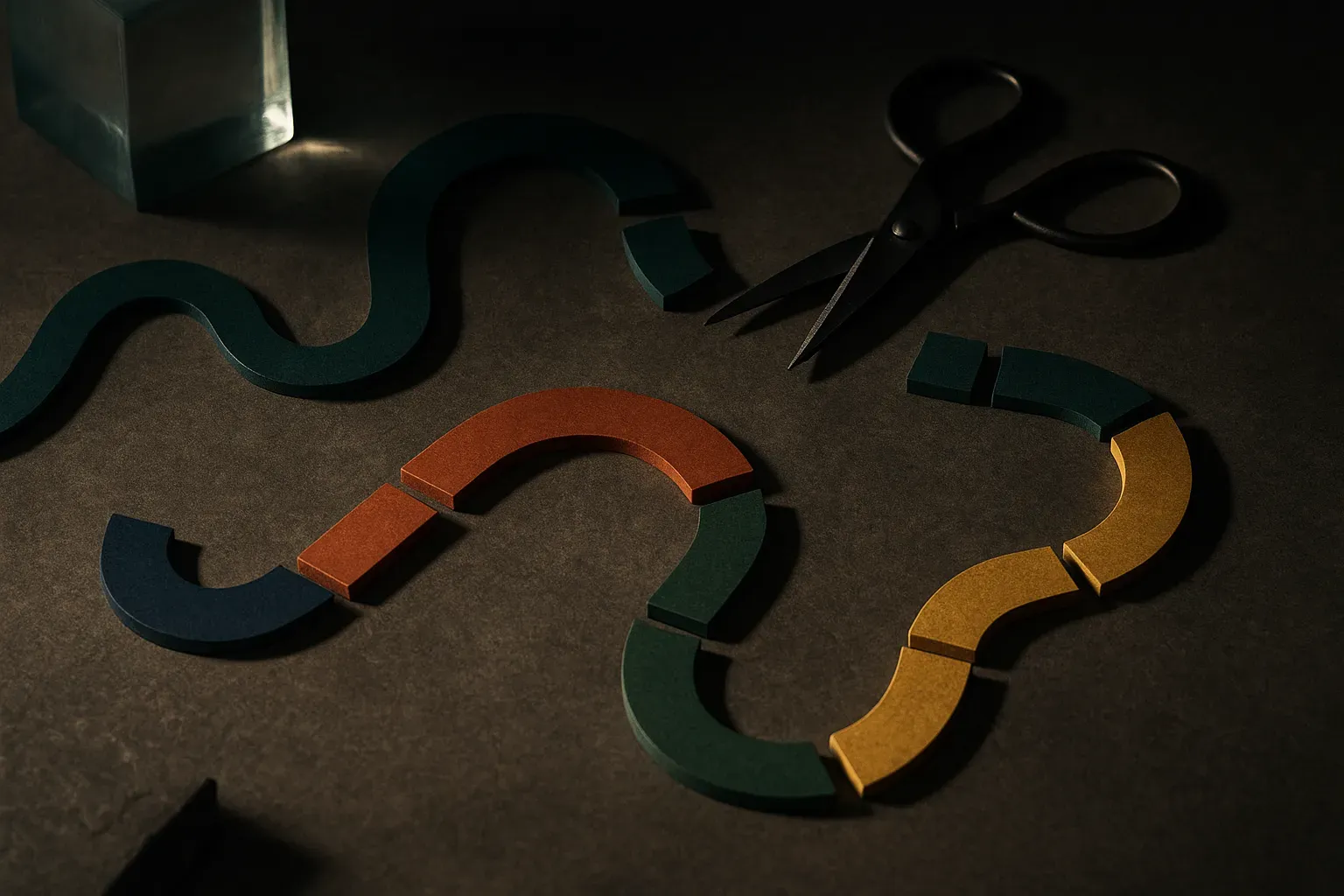 a long continuous winding motion path being cut into several distinct labeled segments, each segment a different color, 