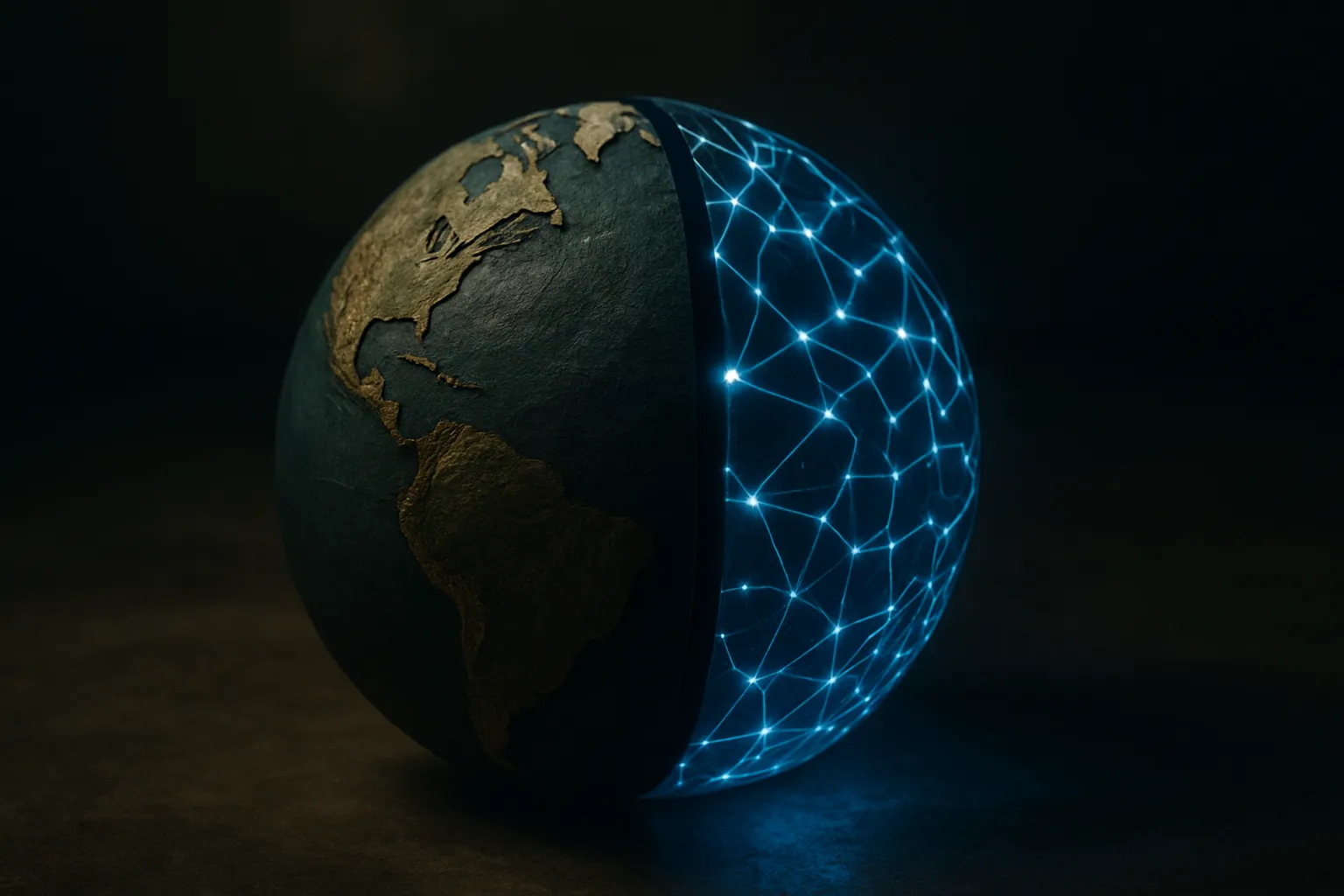 a realistic globe-like surface split between a clean verified terrain layer and a glowing synthetic layer trying to blen