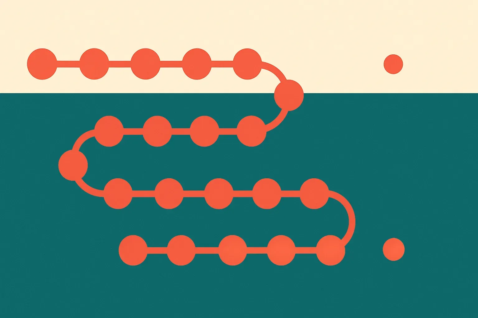 a long winding chain of small decisions collapsing into a single small dot at the end, versus the same chain lit up even
