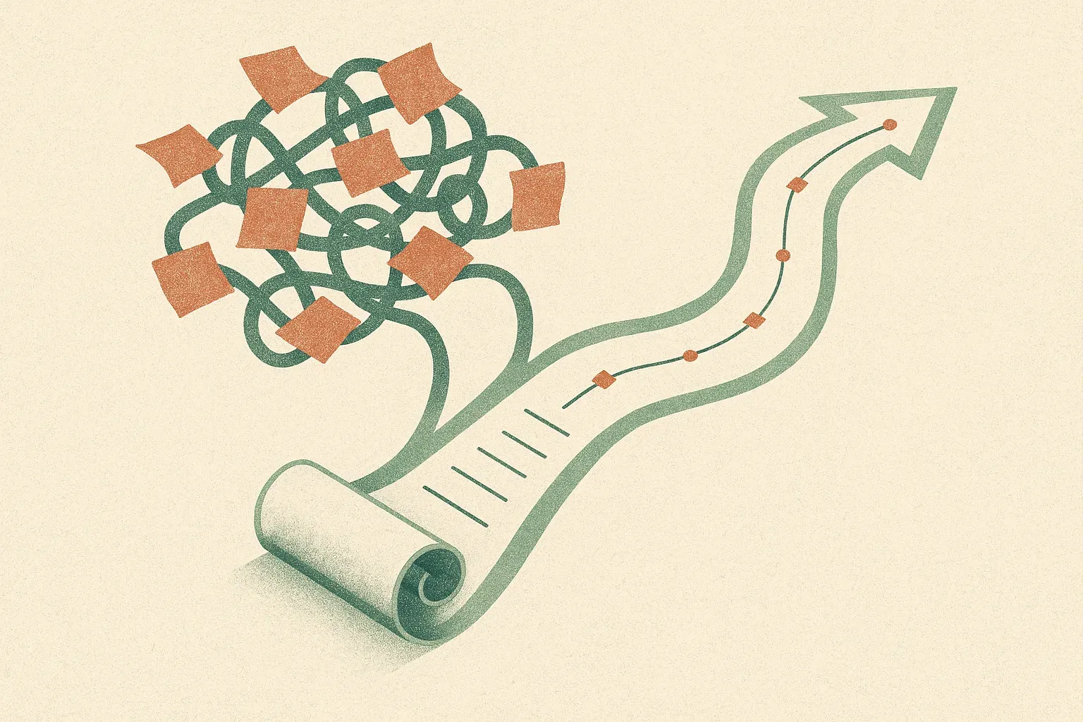 a cluttered instruction scroll splitting into two paths, one path accumulating tangled sticky notes and the other path s