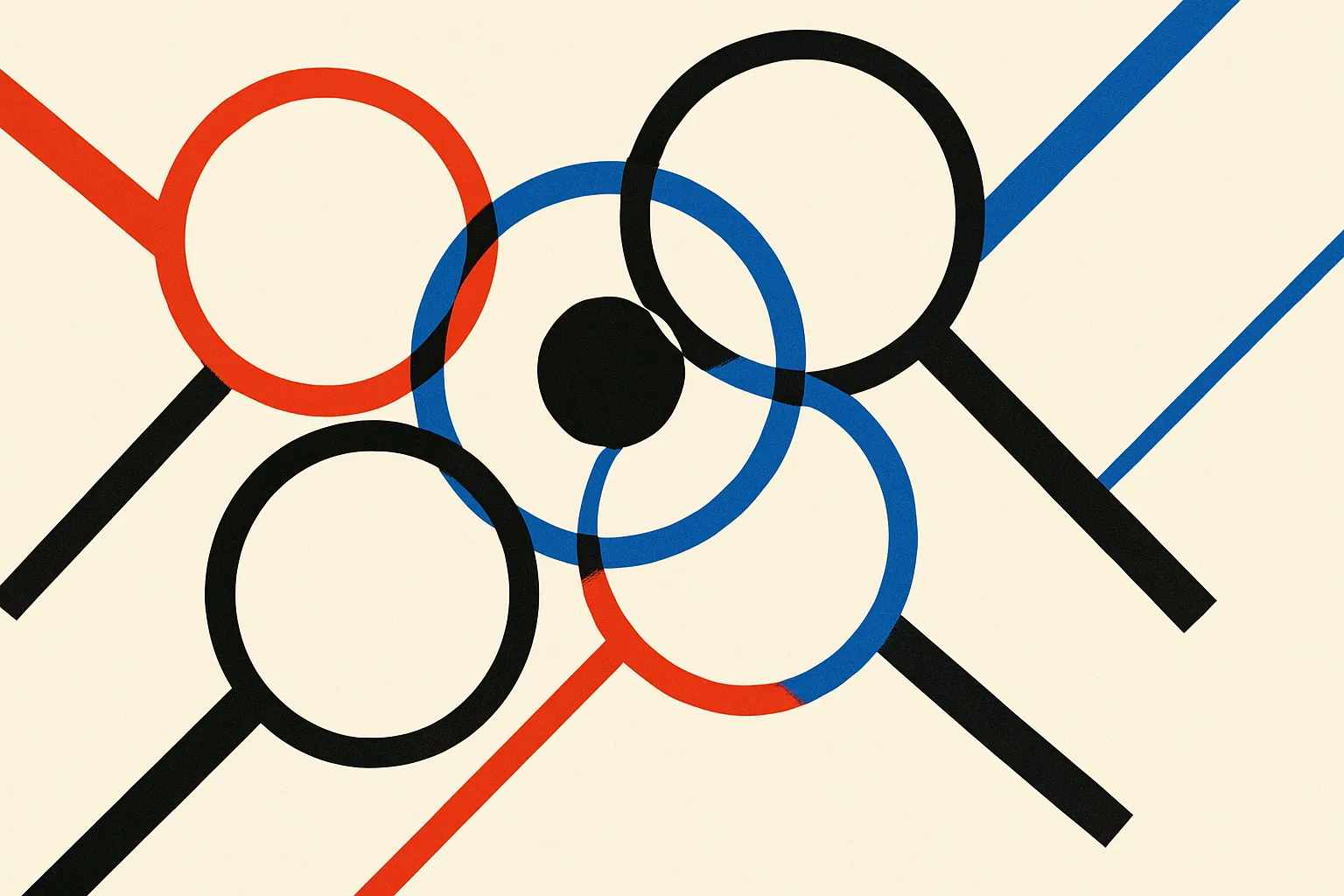 many separate lens-like shapes each viewing the same object, their outlines partially overlapping into a shared region b