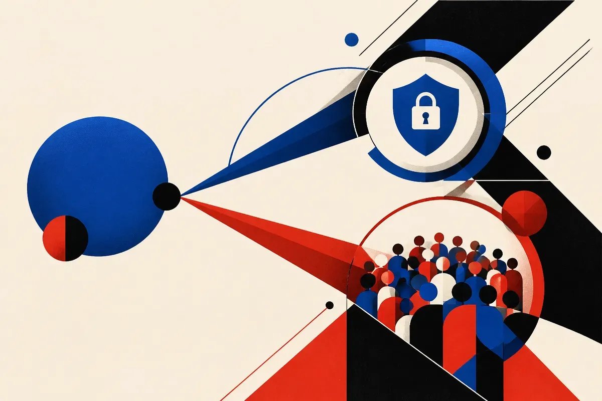 two paths branching from a domain name, one path leading to a locked shield and the other to a speculative crowd