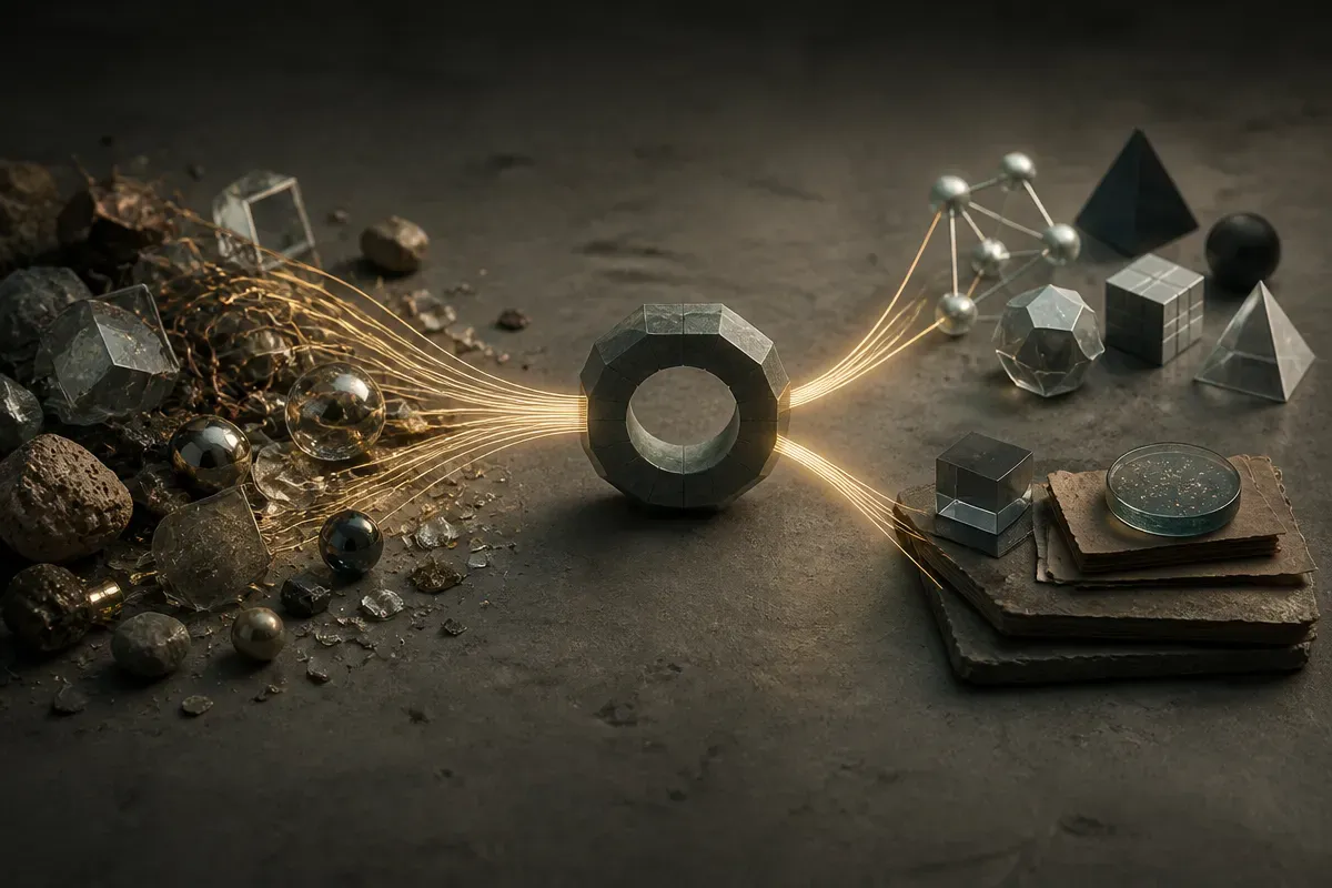 messy visual inputs flowing into a compressed geometric ring structure, then splitting into classification and symbolic 