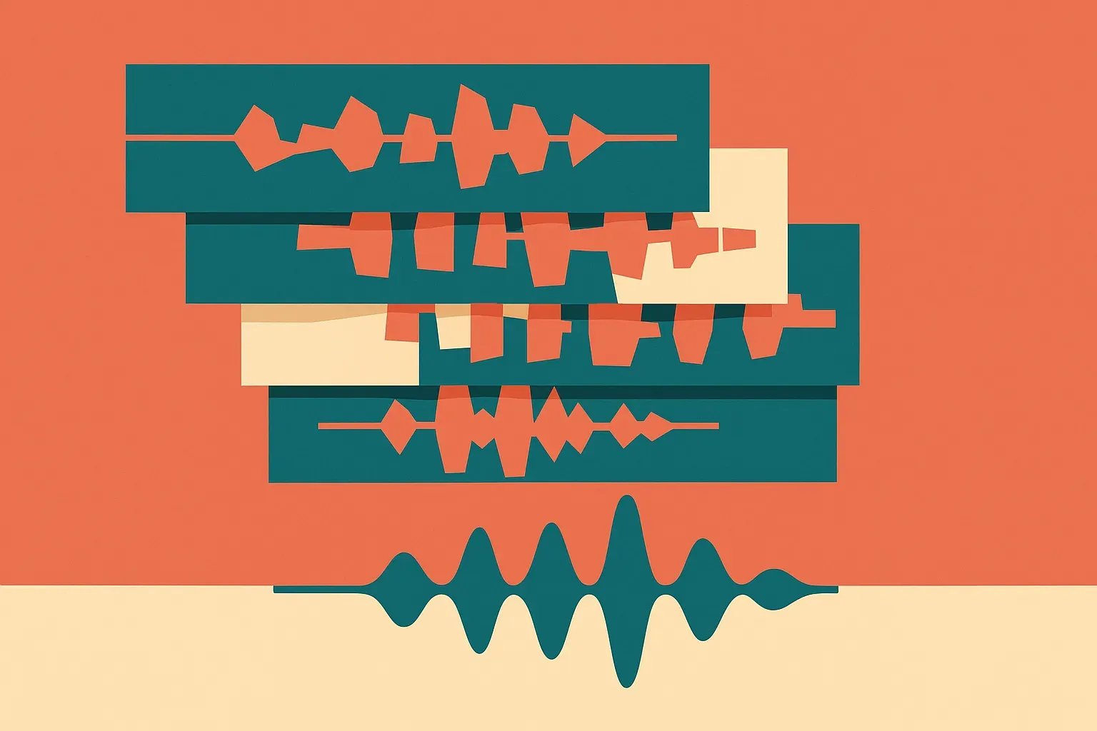 stacked audio layers with uneven segment cuts flowing into one aligned spoken waveform
