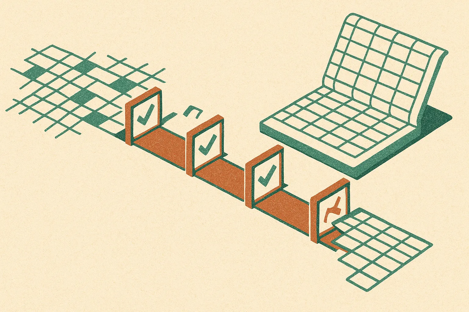 a messy spreadsheet grid flowing through several small checking gates into a clean workbook, with one gate catching a br