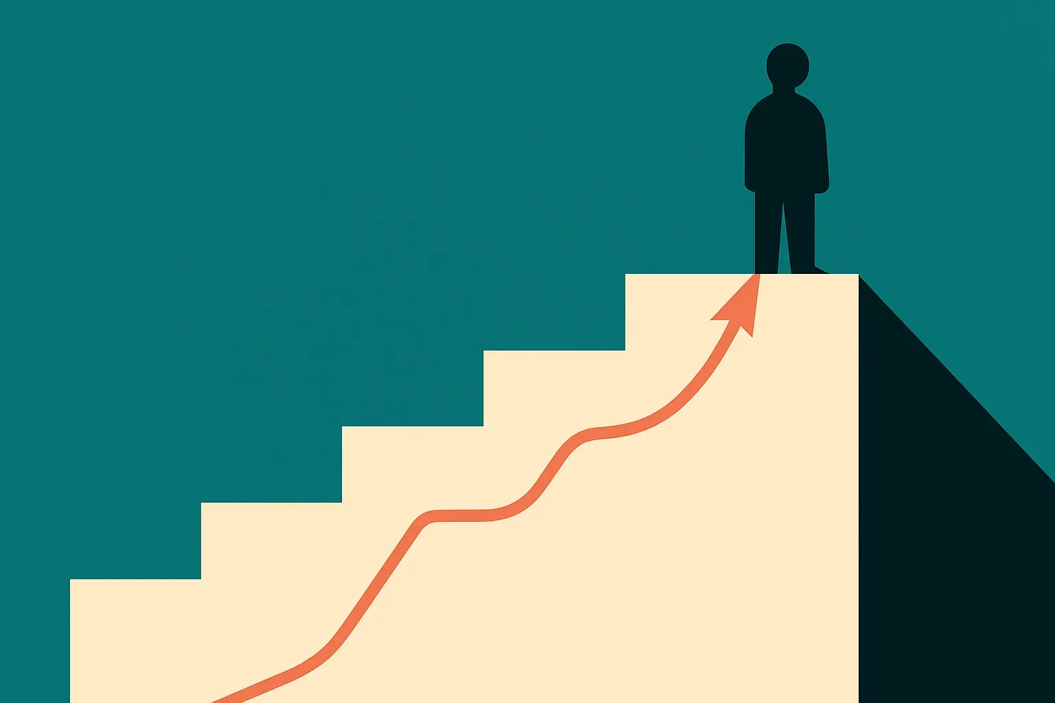a single climbing line rising through several stepped thresholds, the final step overtaking a human silhouette at the to
