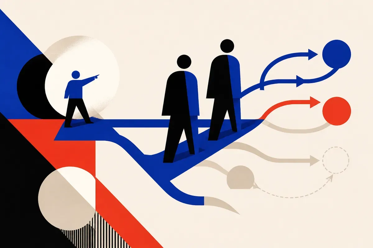 a small guide figure directing two larger opaque figures through a branching task path, with some feedback loops kept an