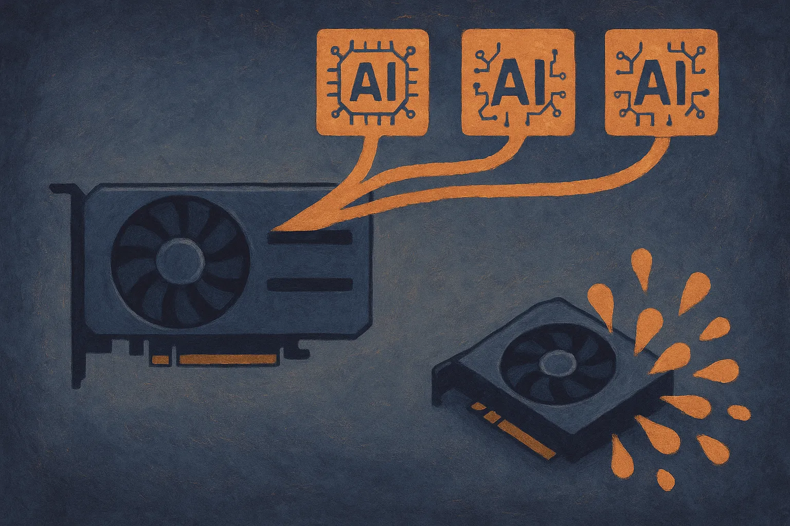a single desktop GPU branching into three local AI workloads running side by side, contrasted with a cramped smaller GPU