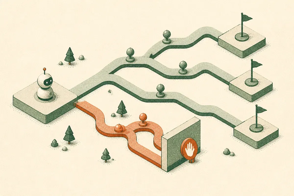 one agent path being compared to several successful paths, with one drifting path being stopped early