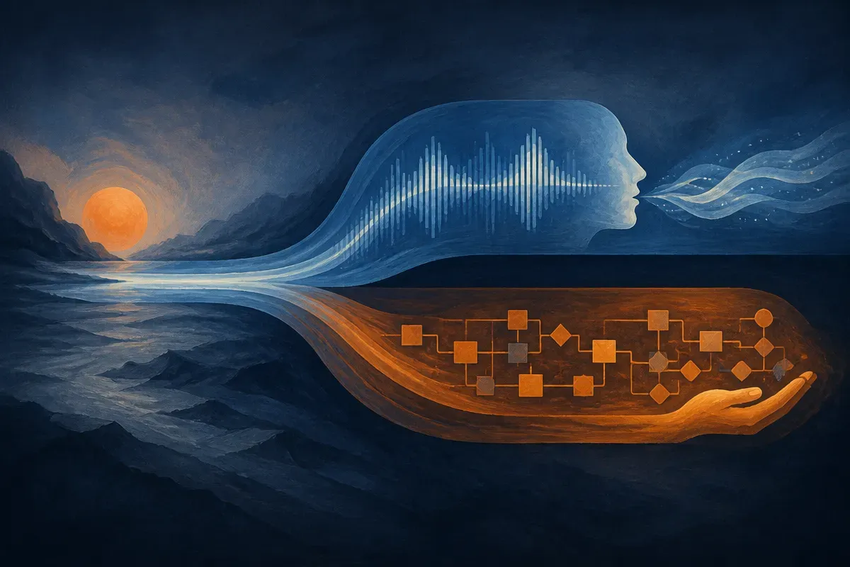 a single continuous flow splitting into parallel streams, one for speech and one for structured action, running side by