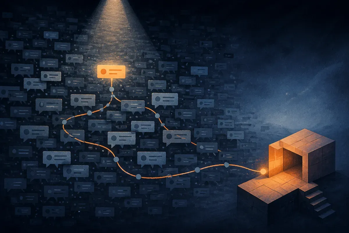 a single spotlit fact hidden inside a dense stream of many messages, one thread traced through to a completed piece of w